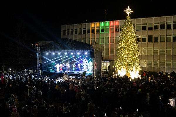Jonavoje įžiebta Kalėdų eglė, eglučių miestelis ir tiltas