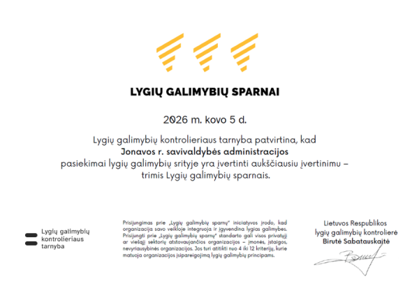 Jonavos rajono savivaldybės administracijai – aukščiausias Lygybės sparnų įvertinimas